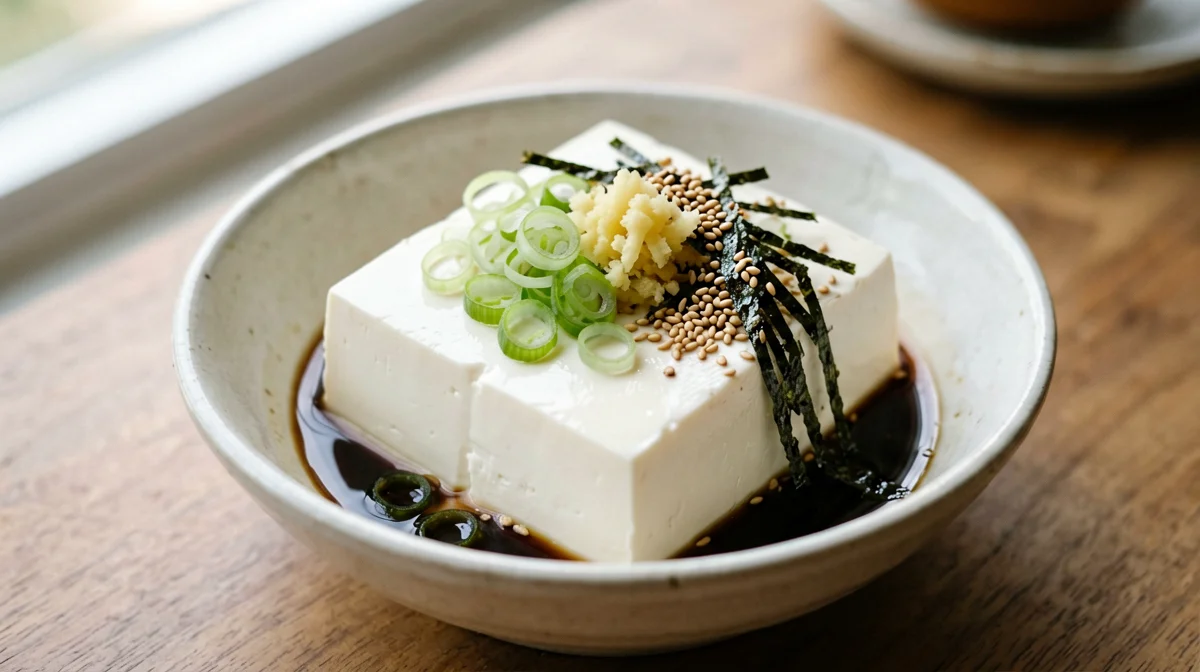 Hiyayakko di tofu setoso con cipollotto, zenzero e nori