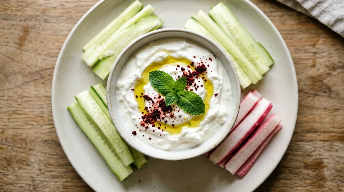 Sumac Greek yogurt with cucumber and radishes