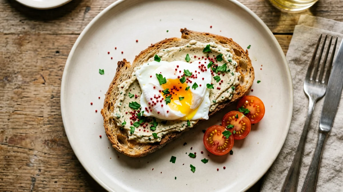 Whole wheat toast with hummus, poached egg and sumac