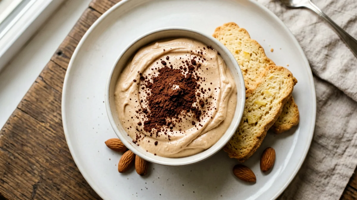 Crema di ricotta al caffè con fette biscottate e mandorle