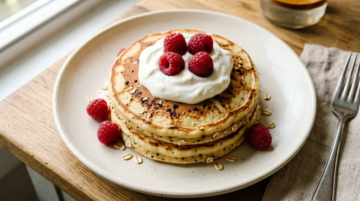 Coffee oat pancakes with yogurt and raspberries