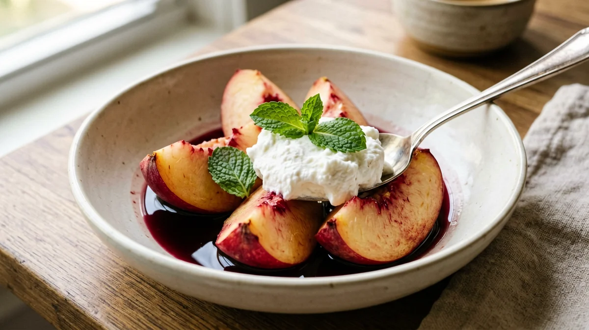 Pesche al vino rosso con menta e ricotta
