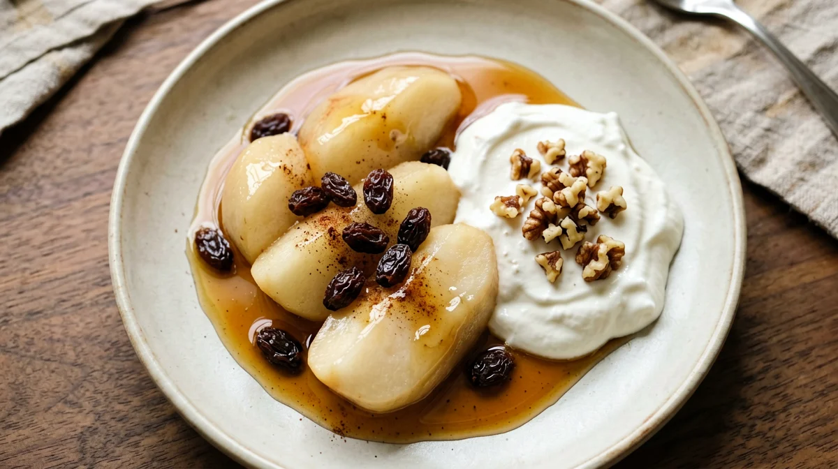 Cider-poached apples with cinnamon, walnuts and yogurt