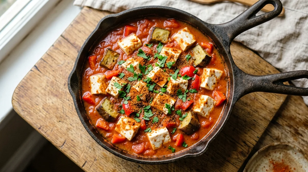 Shakshuka di tofu con melanzane, peperoni e cumino