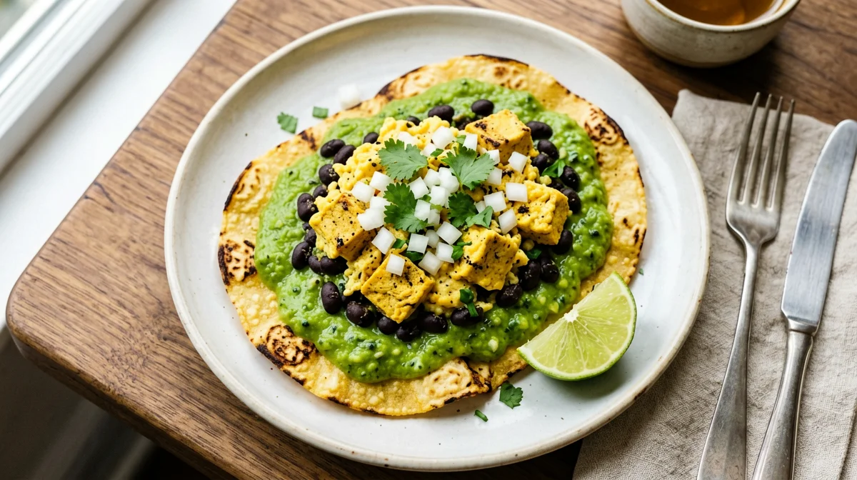 Baked chilaquiles verdes with tofu scramble and black beans