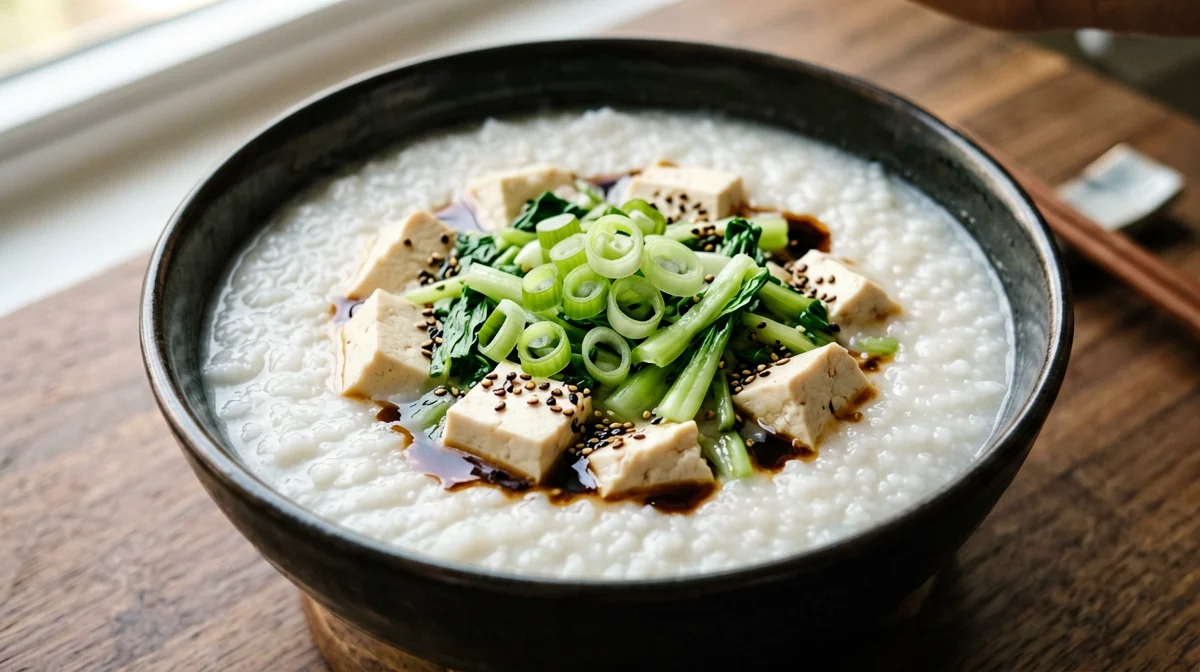 Congee di riso con tofu, pak choi e zenzero al tamari