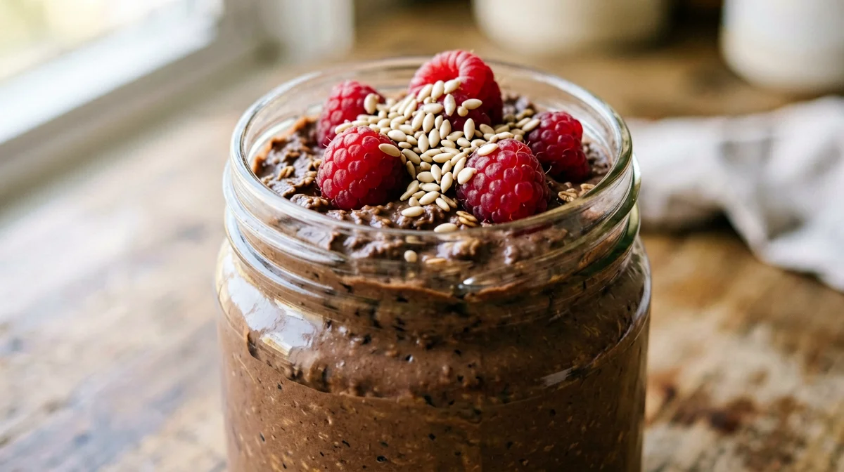 Overnight oats al cacao con yogurt di soia e lamponi