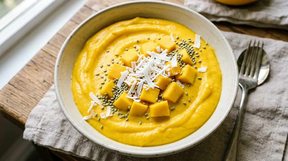 Smoothie bowl di tofu setoso e mango con semi di canapa