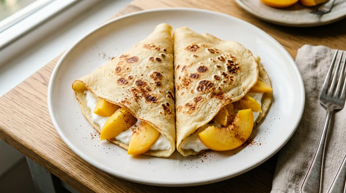 Crêpe di farina di soia con yogurt di soia e pesche
