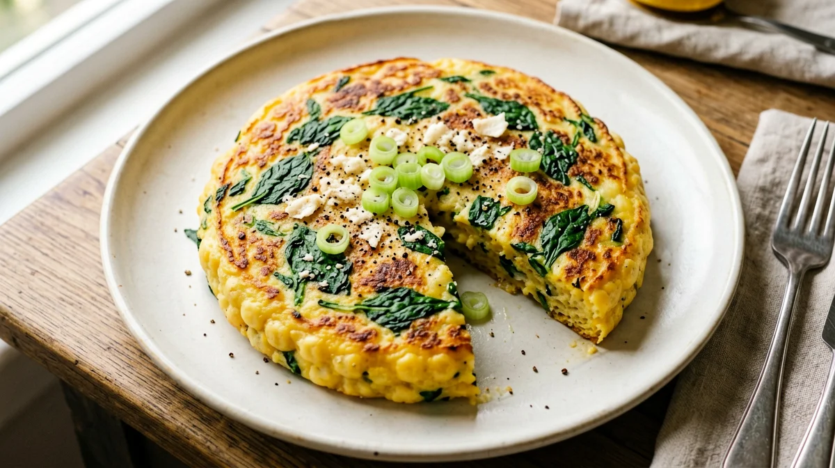 Chickpea flour frittata with spinach and nutritional yeast