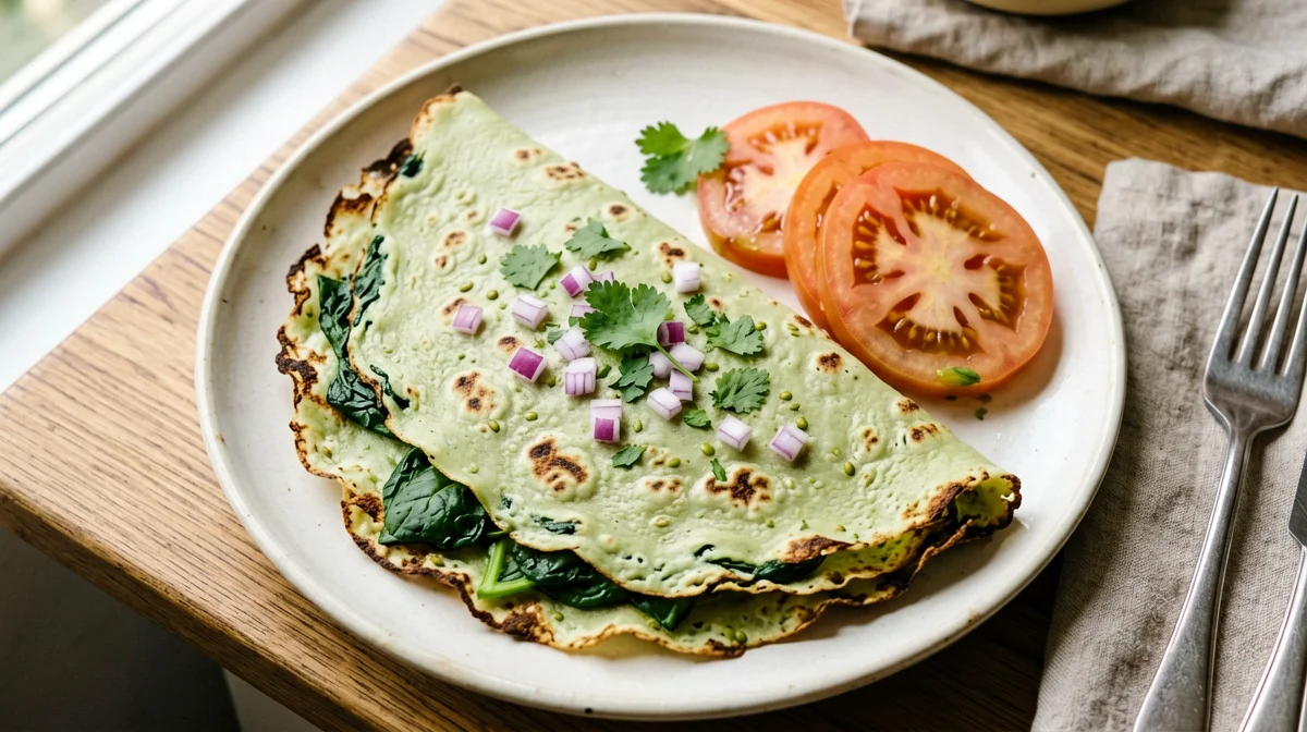 Pesarattu: mung bean crêpe with spinach and ginger