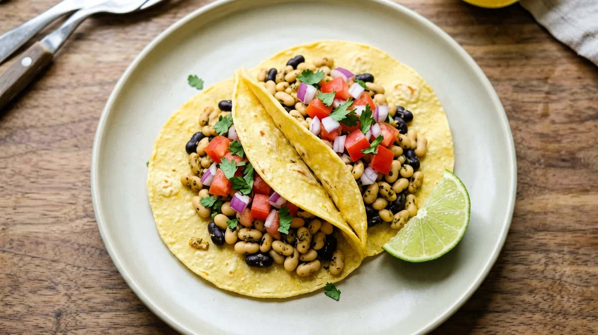 Tacos di mais con lupini speziati, fagioli neri e pico de gallo