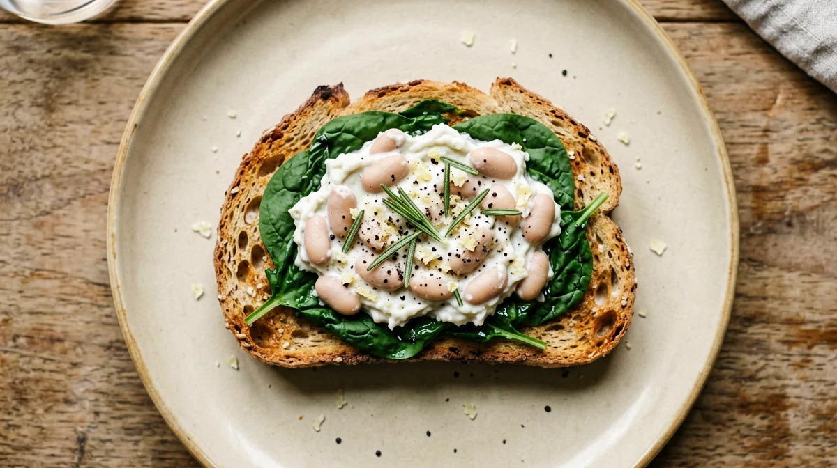 Toast integrale con cannellini al rosmarino, spinaci e lievito alimentare