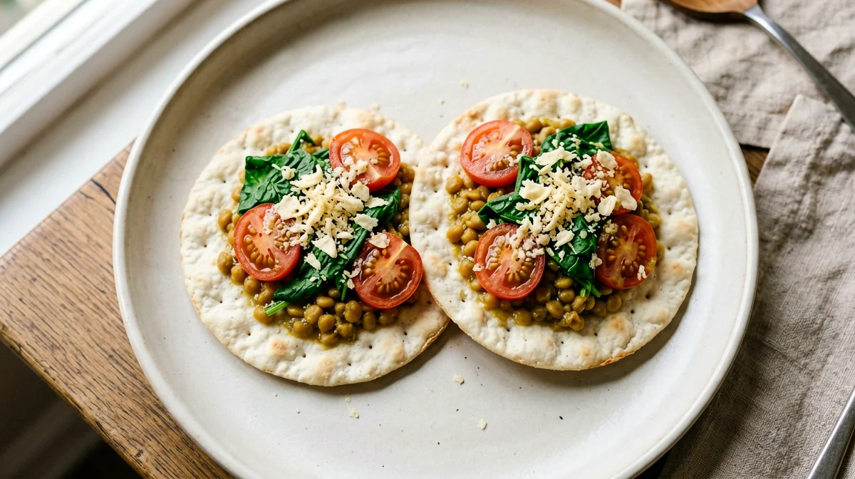 Curried lentils with spinach on rice cakes