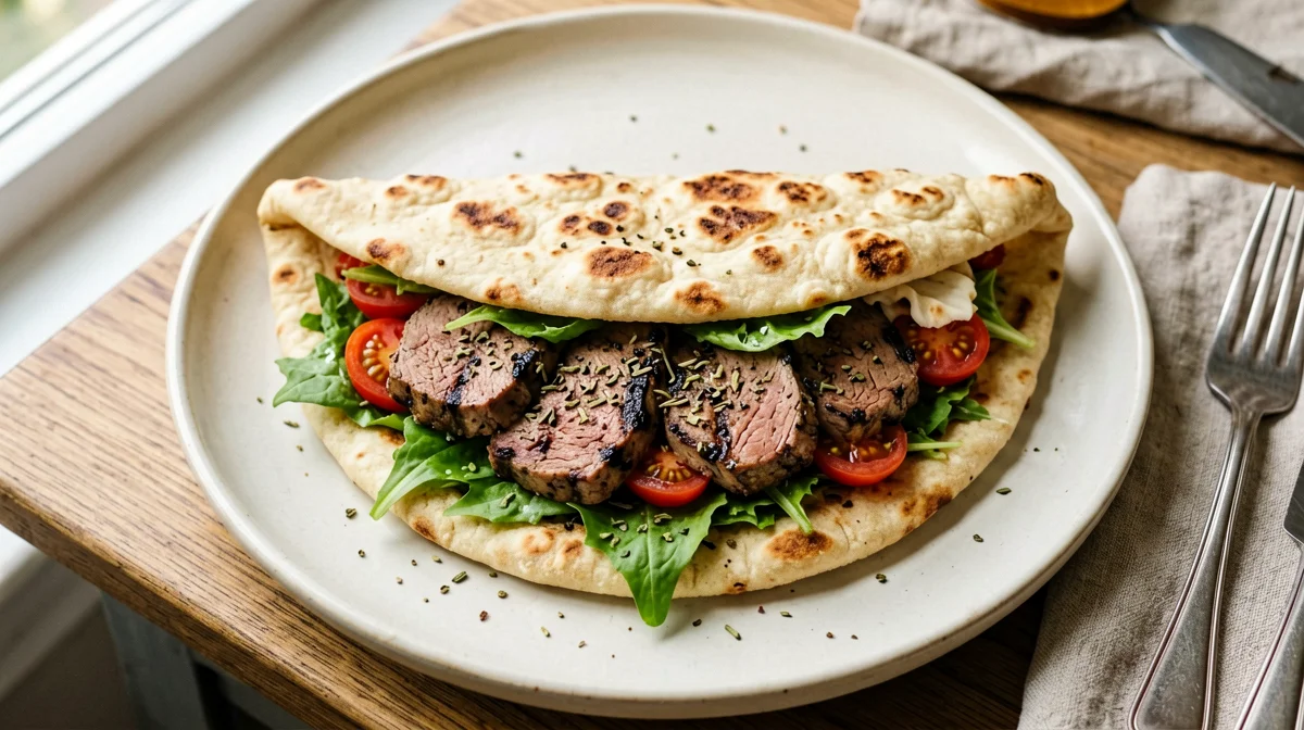 Piadina with grilled seitan, arugula and cherry tomatoes