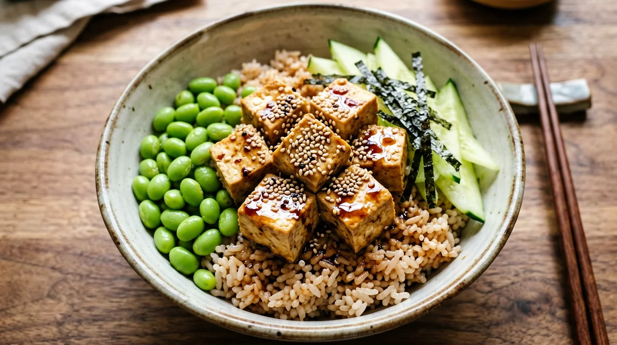 Brown rice bowl with edamame, sesame tofu and nori