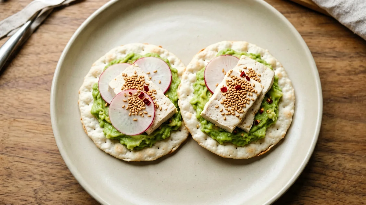 Sesame-crusted tofu with avocado on corn cakes