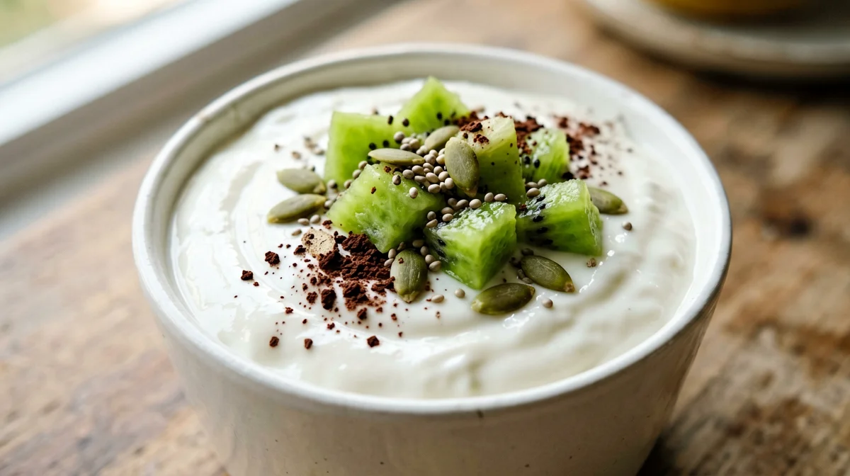 Protein soy yogurt with silken tofu, kiwi and cocoa
