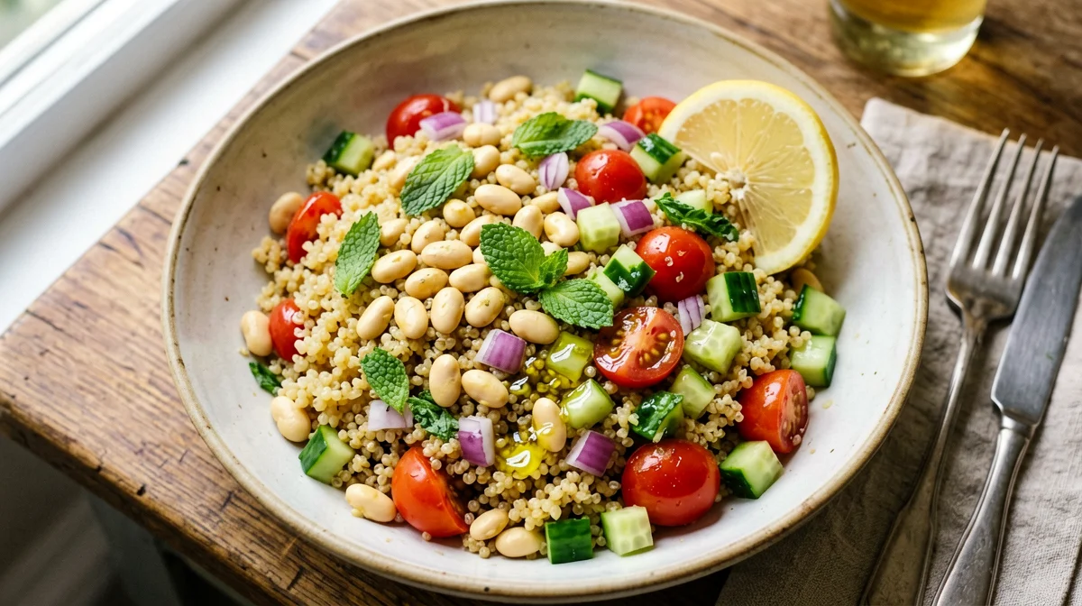 Quinoa bowl with lupini, cherry tomatoes, cucumber and mint