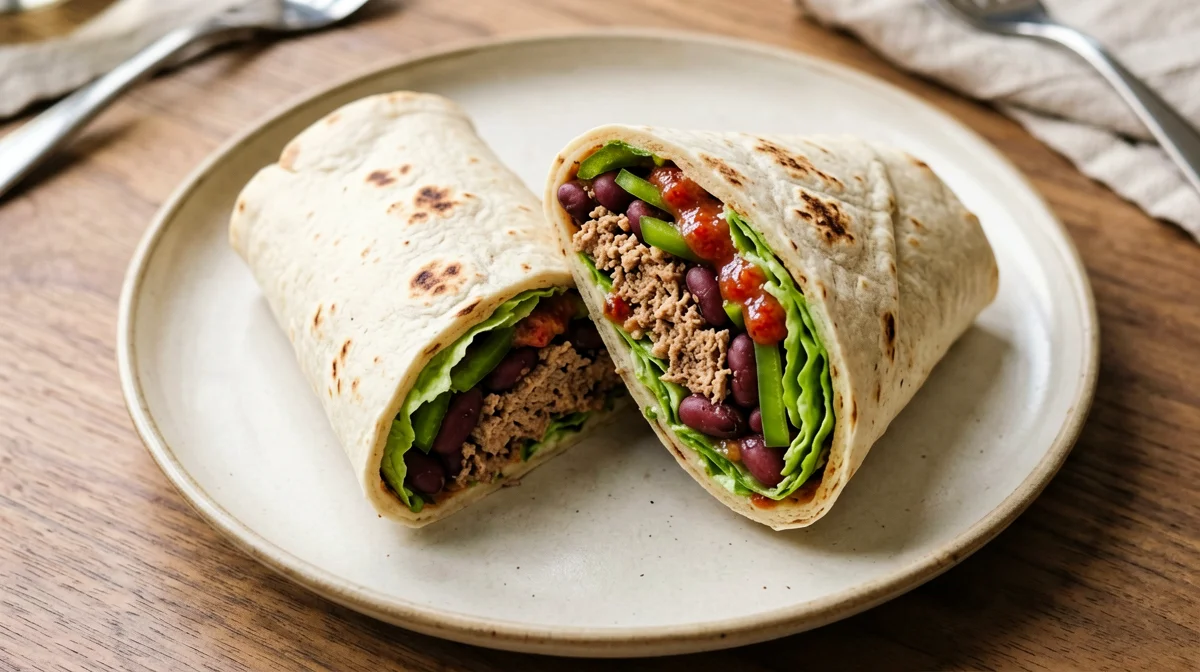 Burrito integrale con tempeh, fagioli rossi e peperoni