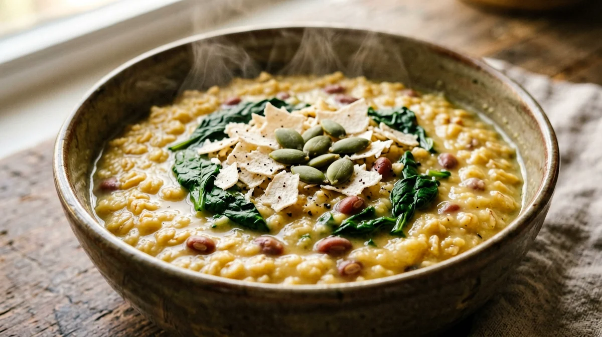 Porridge salato di avena e lenticchie rosse con spinaci