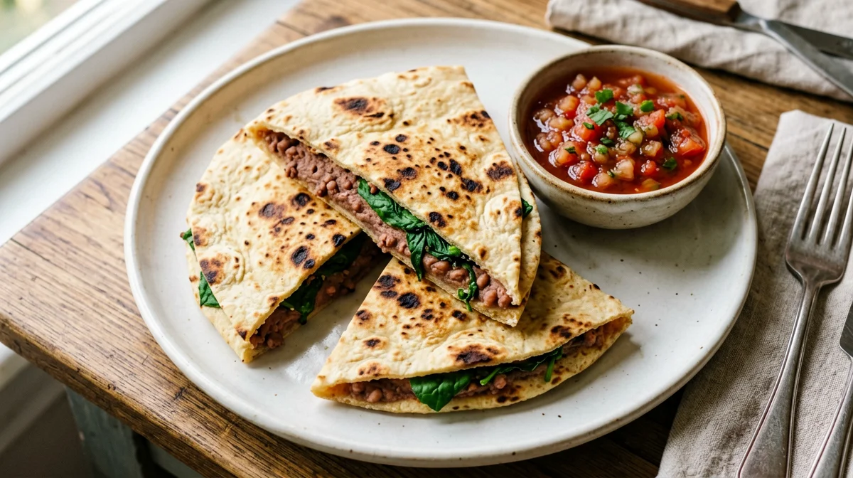 Quesadilla vegana con fagioli rossi, spinaci e lievito alimentare