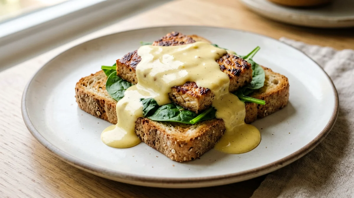 Tofu benedict su pane integrale con spinaci e salsa alla senape