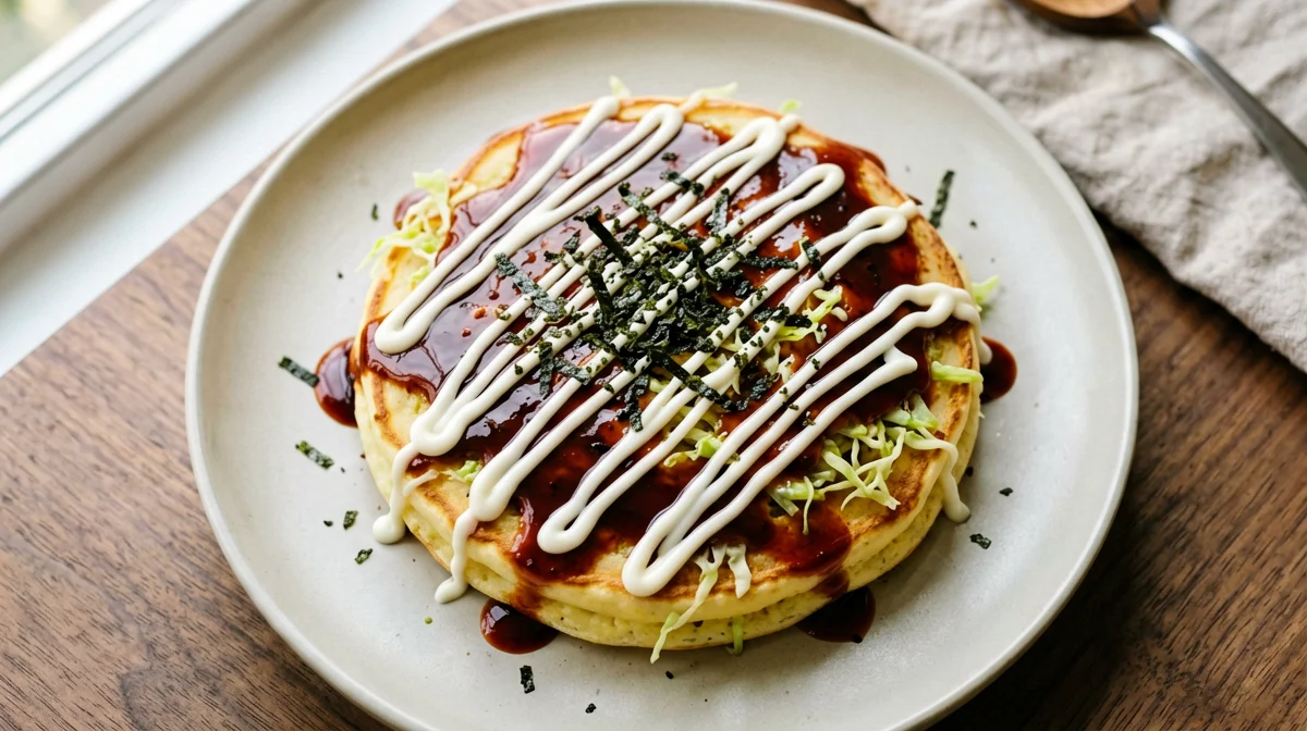 Okonomiyaki vegano di cavolo e tofu con salsa al tamari