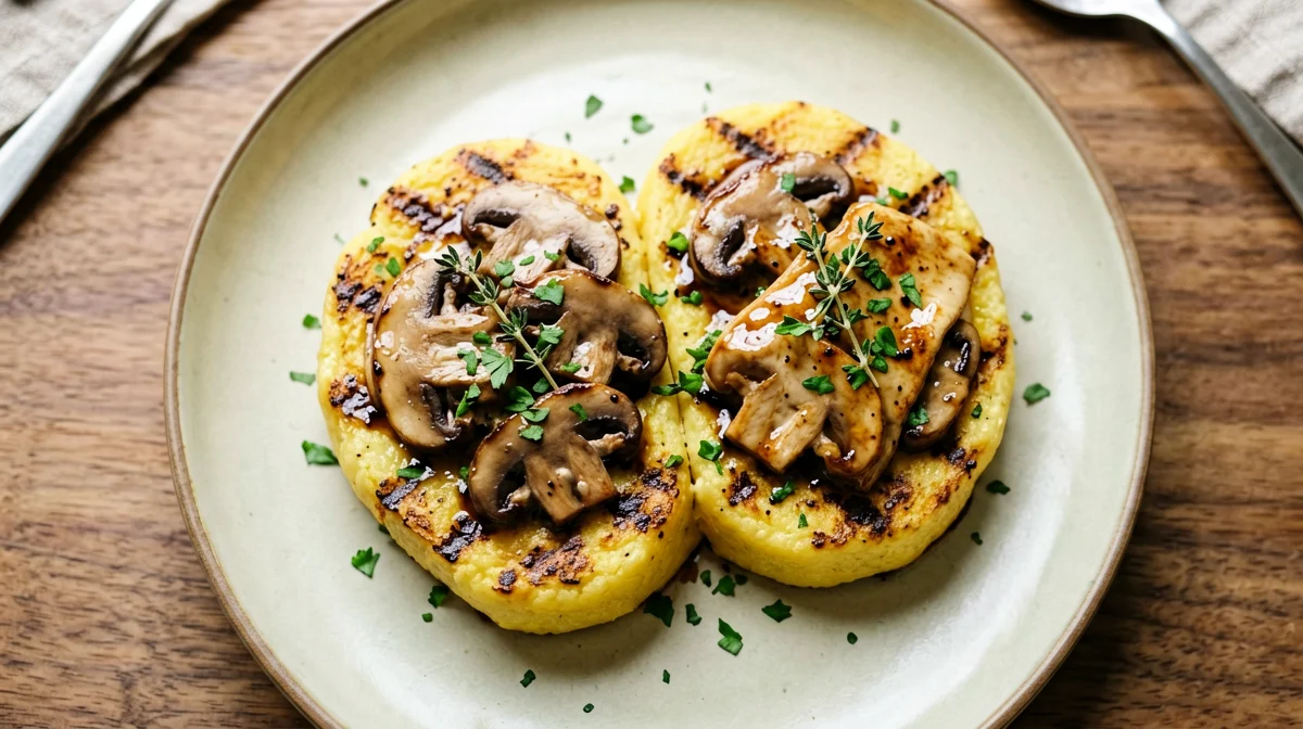 Tempeh e funghi al timo su polenta grigliata