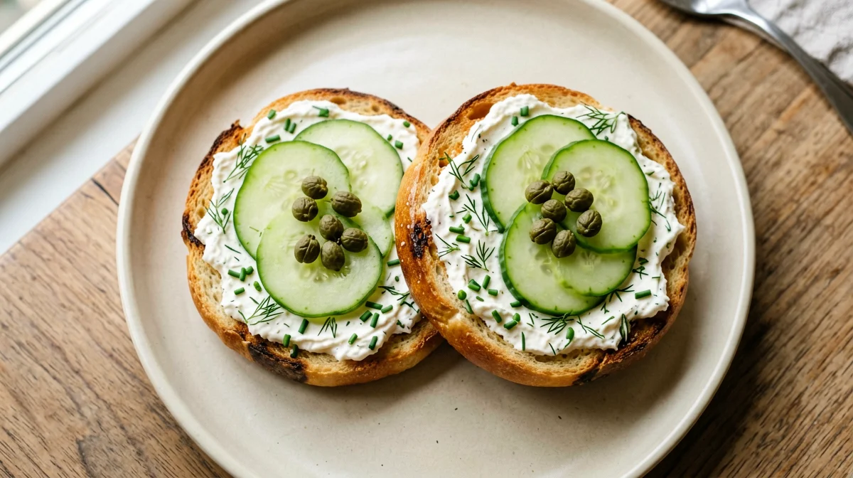 Bagel con crema di tofu all'erba cipollina, cetriolo e aneto