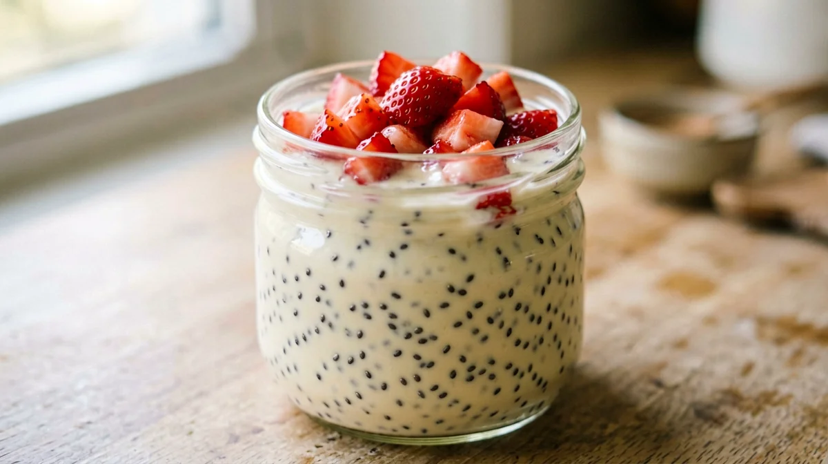 Chia pudding alla soia con tofu setoso, fragole e vaniglia