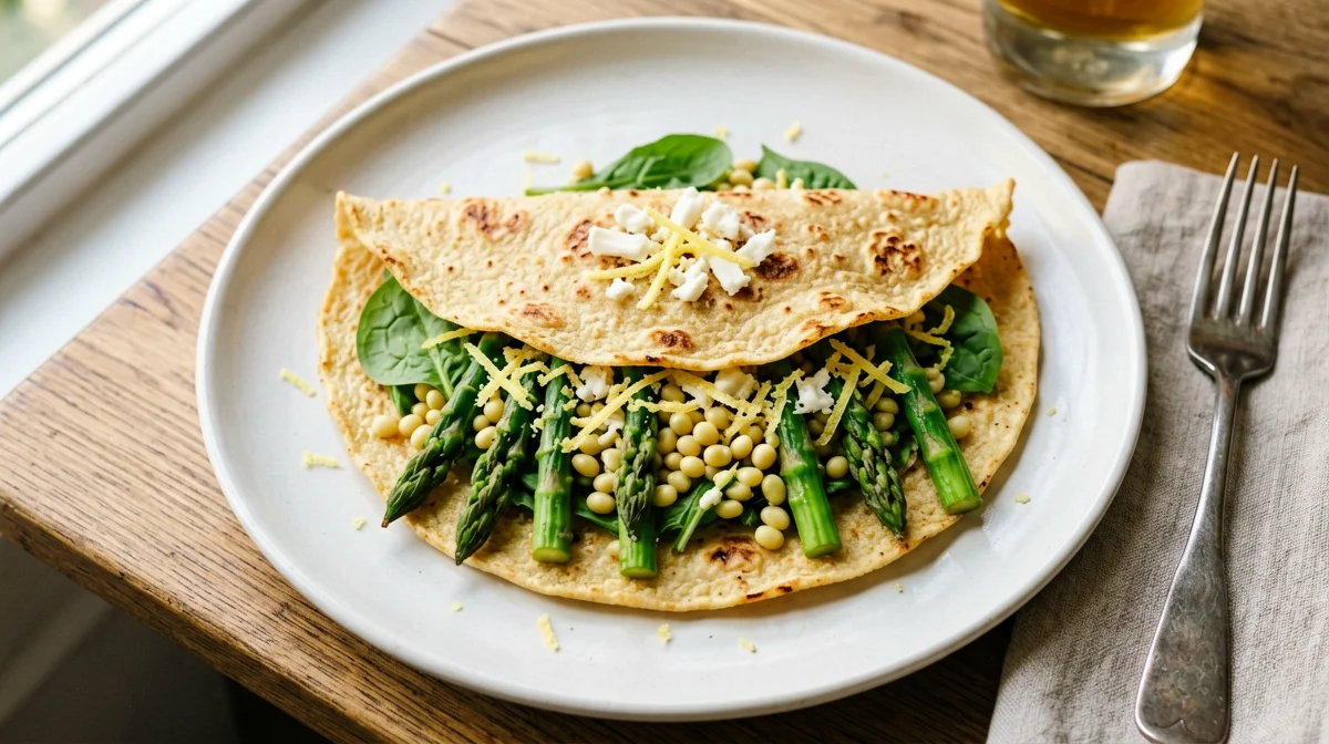 Crespella di ceci con asparagi e lupini al limone