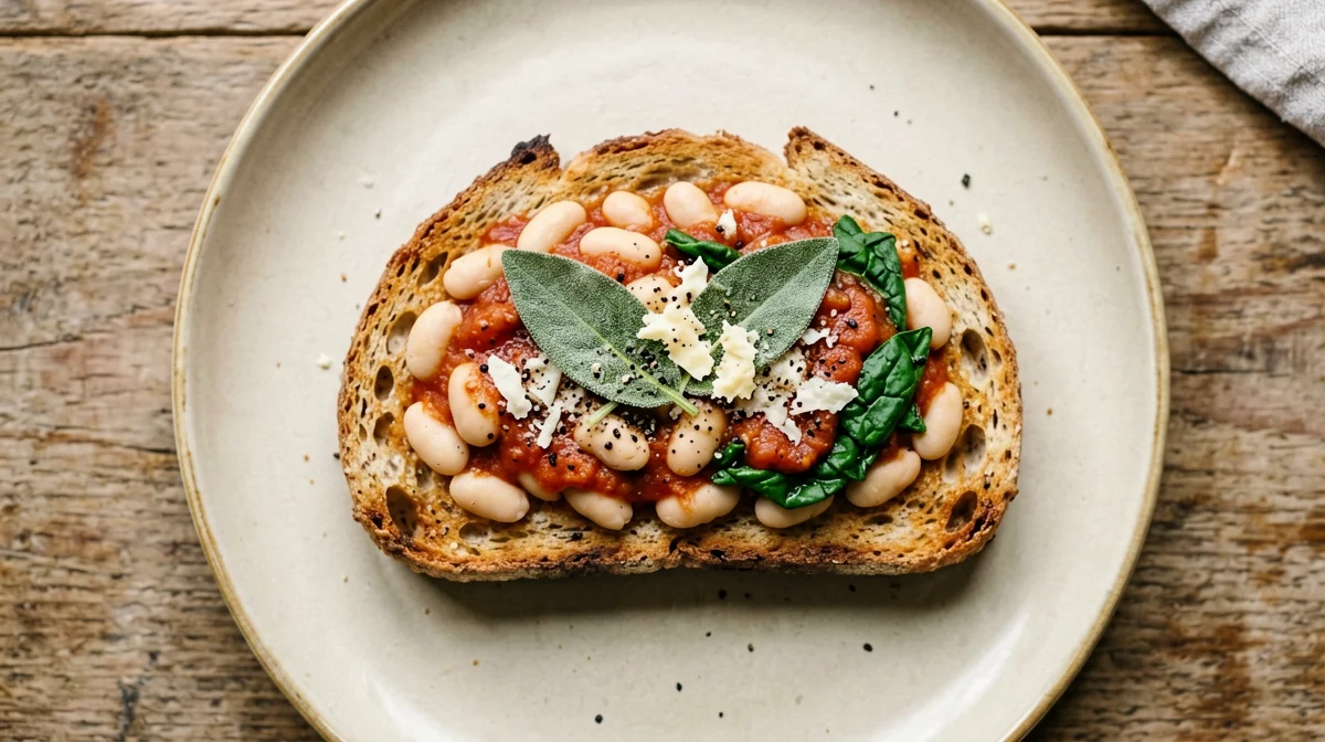 Tuscan beans all'uccelletto with sage and nutritional yeast on toast