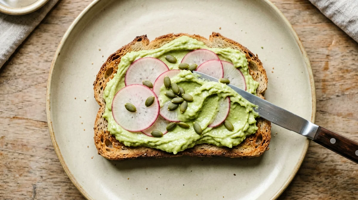 Whole wheat bread with edamame hummus, radishes and pumpkin seeds