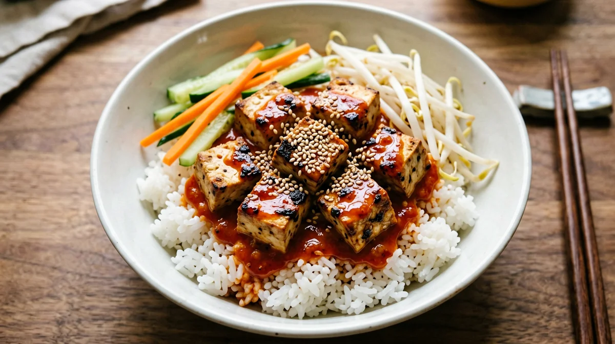 Bowl coreana di riso con tofu al gochujang e cetriolo