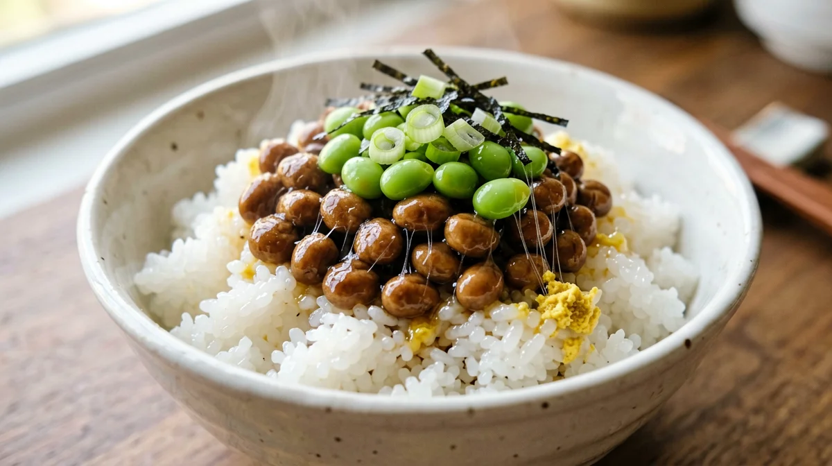 Natto over rice with edamame, spring onion and nori