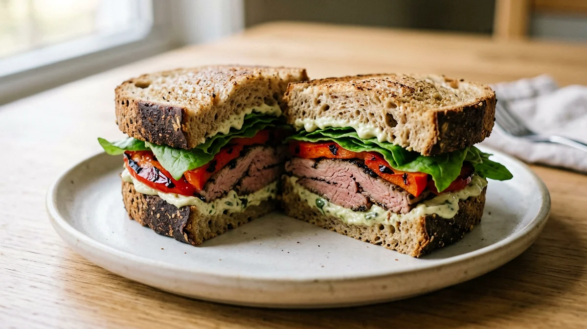 Panino integrale con seitan, peperoni arrostiti e hummus