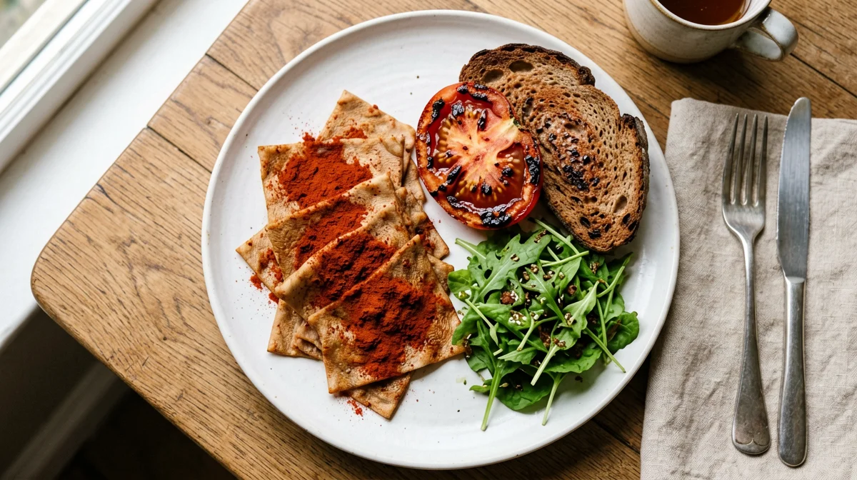 Crispy paprika tempeh with roasted tomatoes and rye bread