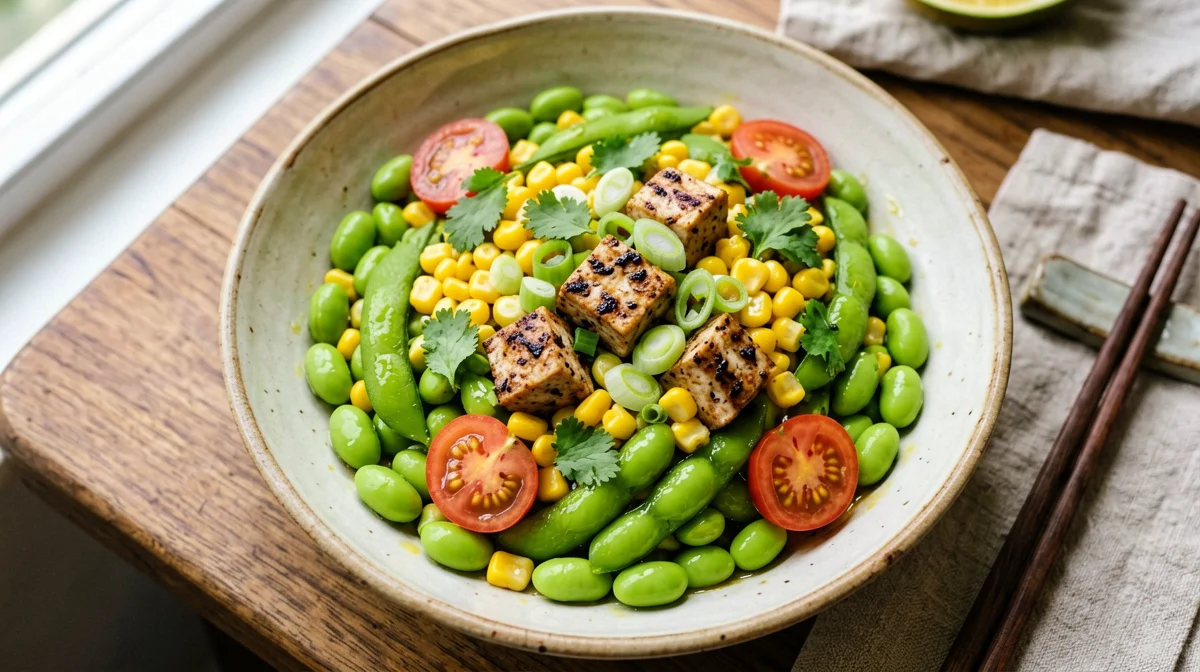 Insalata tiepida di edamame, mais e pomodorini al lime