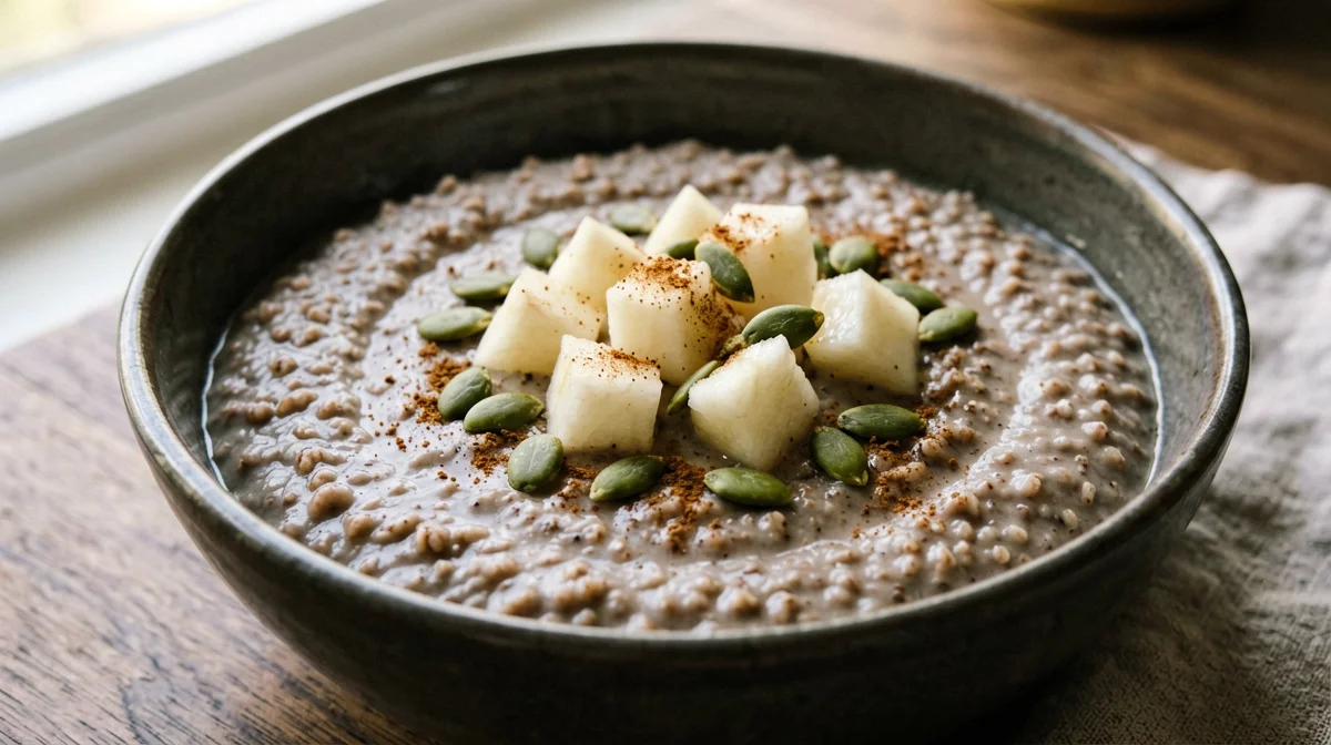 Porridge di grano saraceno alla soia con pera e semi di zucca
