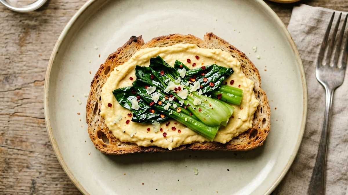 Fava bean purée and chicory bruschetta with nutritional yeast