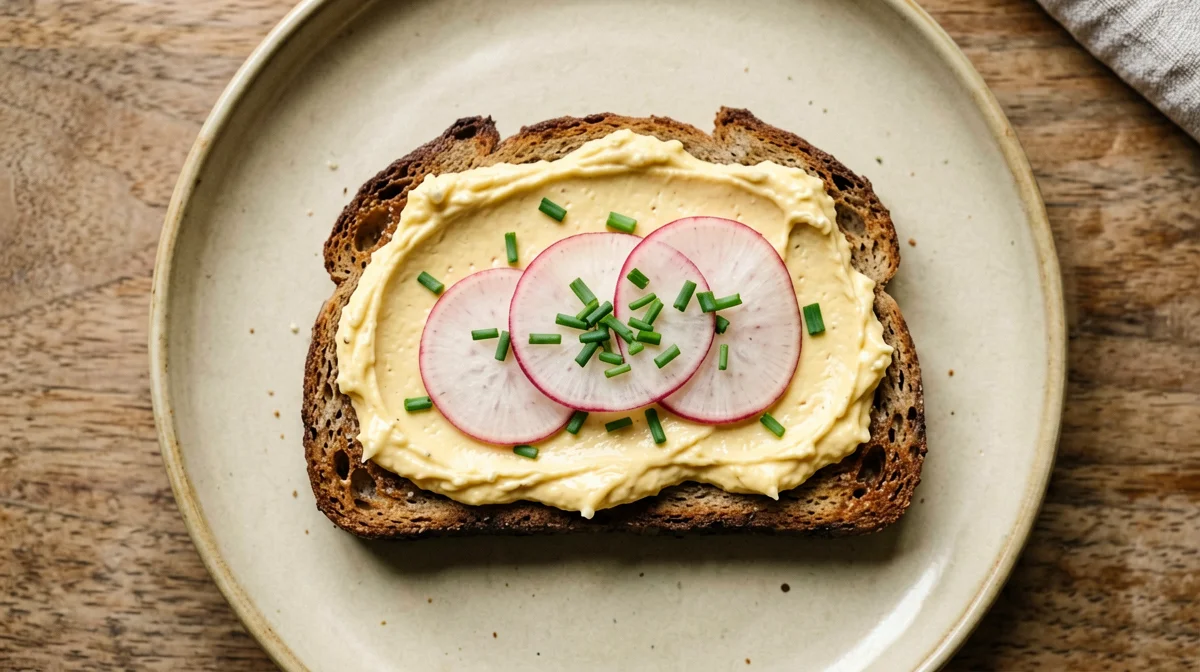 Rye bread with lemony lupini spread and radishes