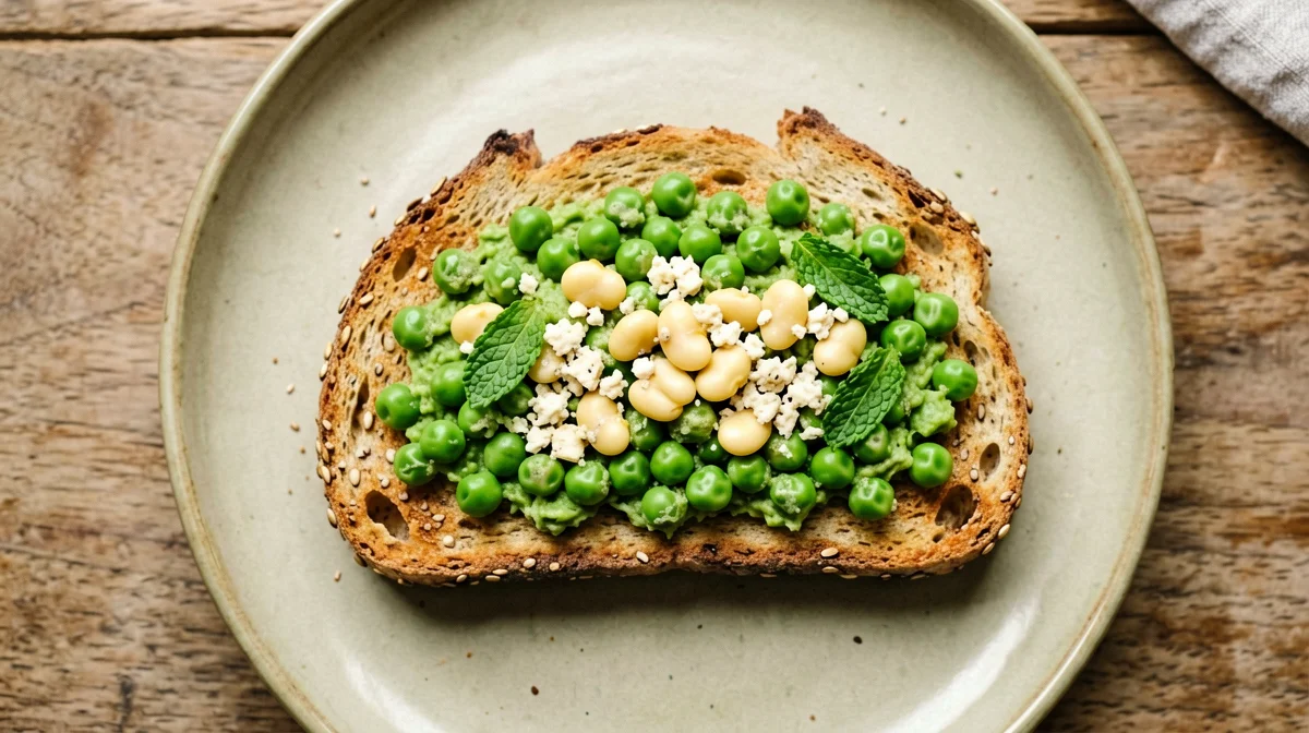 Toast ai cereali con piselli schiacciati alla menta e lupini