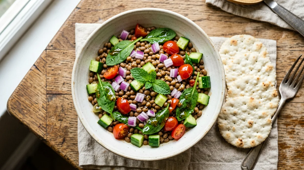 Insalata di lenticchie, cetriolo e menta con galletta di mais