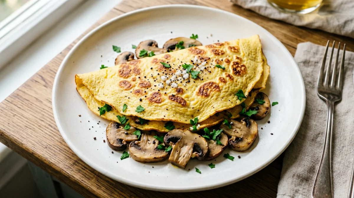Chickpea flour omelette with mushrooms and nutritional yeast