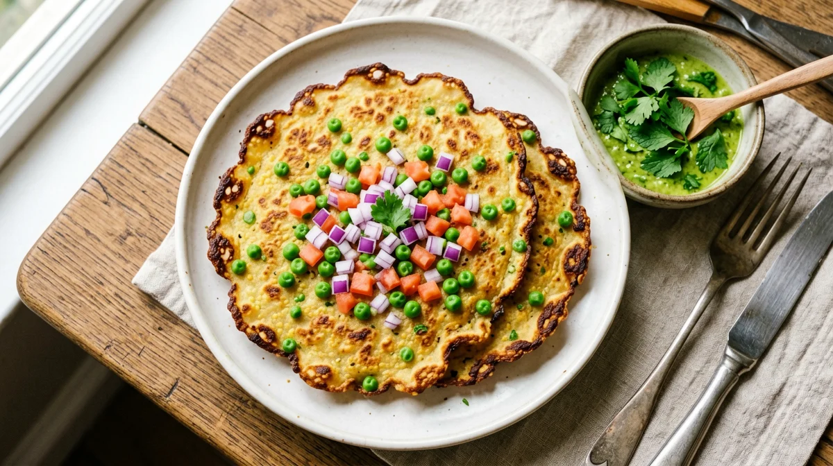 Chickpea flour and pea chilla with cilantro chutney