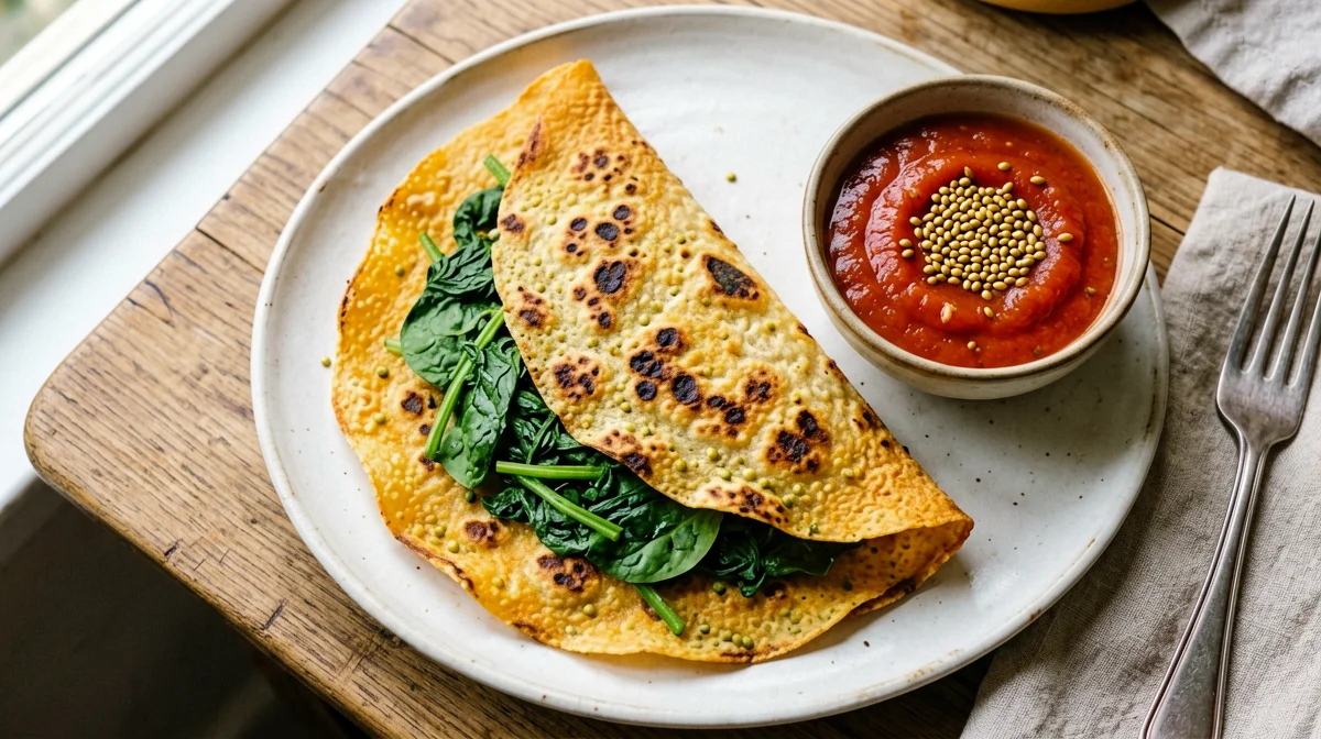 Dosa di lenticchie rosse con spinaci e chutney di pomodoro