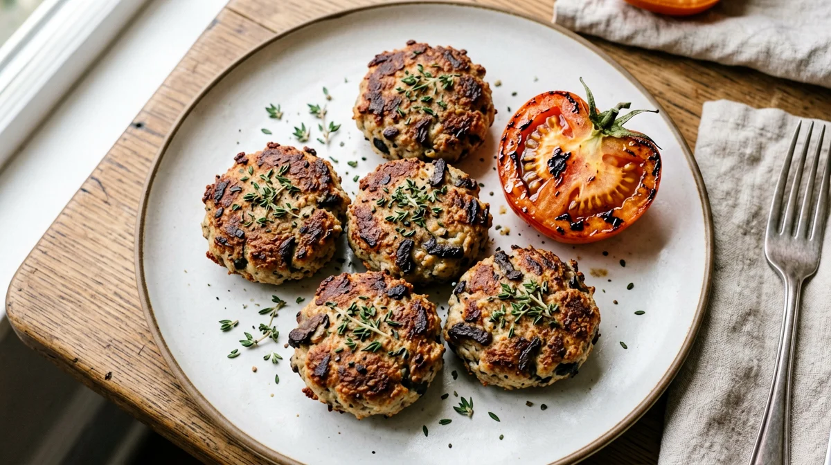 Polpettine di lenticchie e funghi al forno con pomodori arrosto