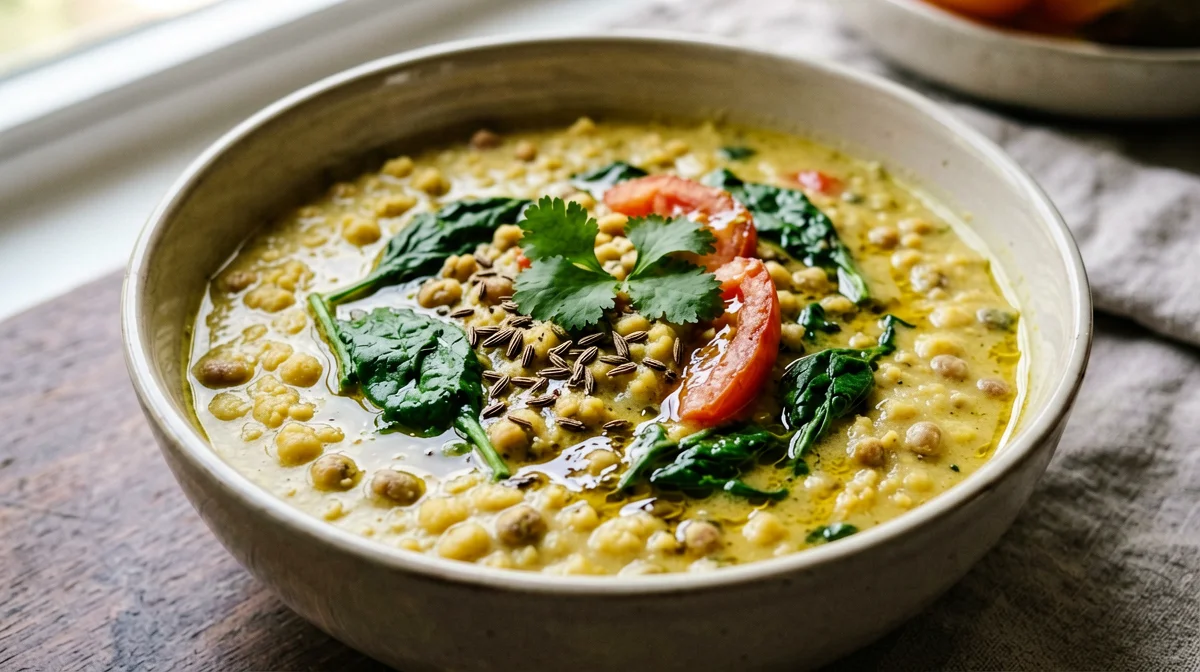 Moong dal con spinaci, pomodoro e zenzero