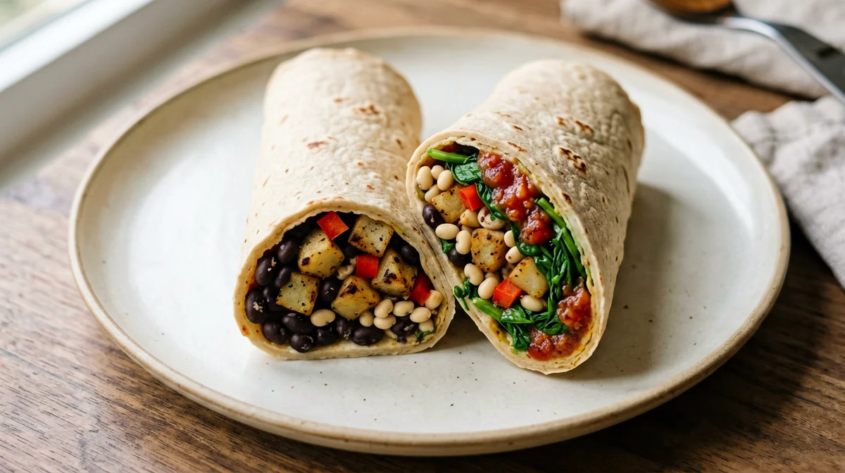 Breakfast burrito con fagioli neri, lupini e patate